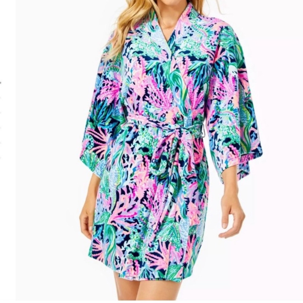Lilly Pulitzer Elaine Velour Robe Sz L/XL Bringing Mermaid Back Blue Floral